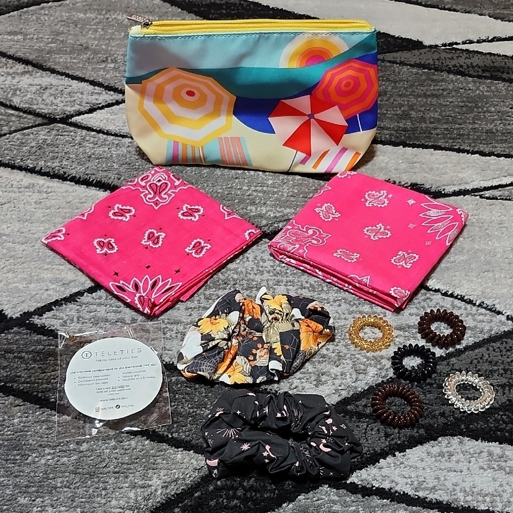 TELETIES- SPIRAL HAIR TIES- SCRUNCHIES & PINK PAISLEY COTTON BANDANAS BUNDLE